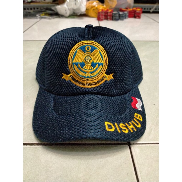 Topi Jaring DISHUB Logo Merah Putih Topi Jala MP Biru Dongker