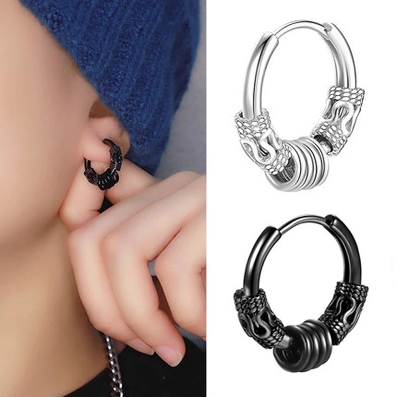 Anting Stud Liontin Bulat Bahan Stainless Steel Lapis Perak Gaya Punk Hip-Hop Untuk Pria