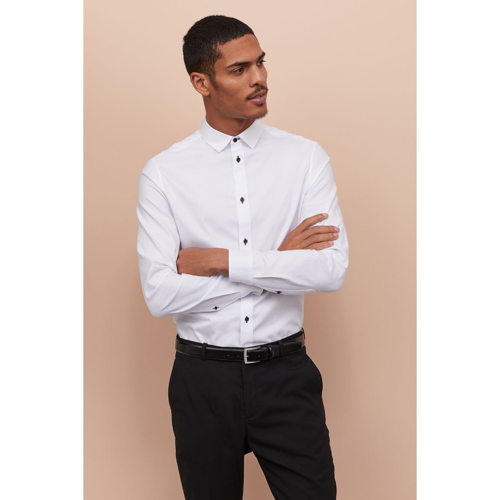 Kemeja H&M pria HnM Cowok Slim fit Cotton Shirt White Original Kerja Kantor Putih