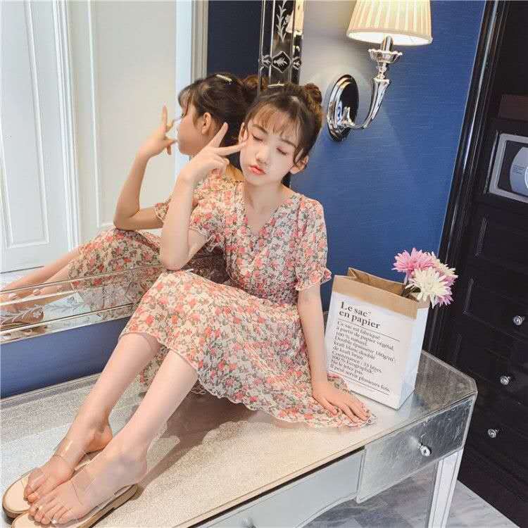 Gaun anak perempuan style casual bahan Chiffon dress anak cewek import 5-10 tahun-3