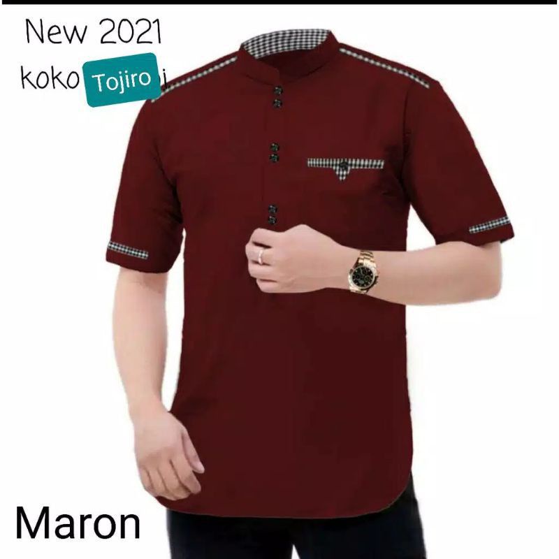 Baju Koko Kurta Dewasa Lengan Pendek Material Catton Adem Serap Keringat-MAROON(TOJIRO)