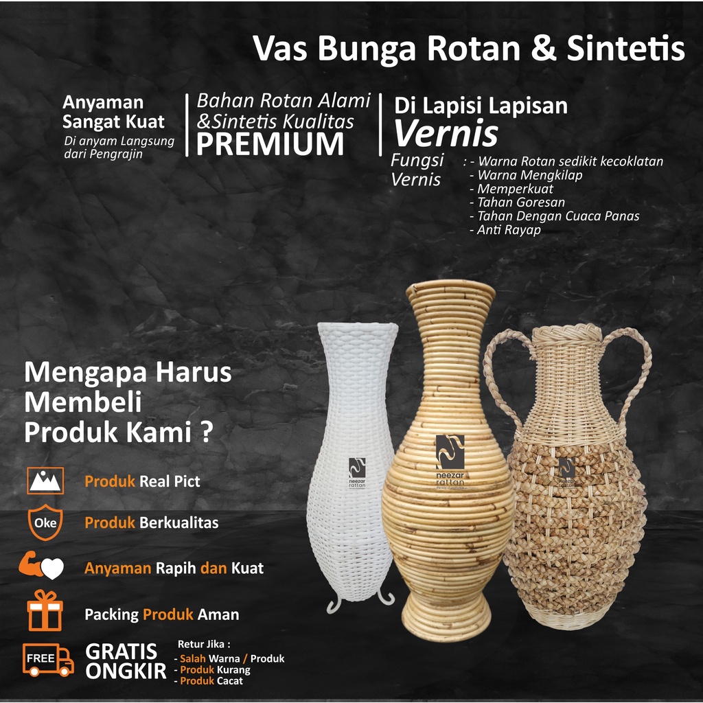 Vas Pot Guci Tempat Bunga dari rotan TINGGI 50 cm & 60cm Rotan Sintetis Eceng Gondok