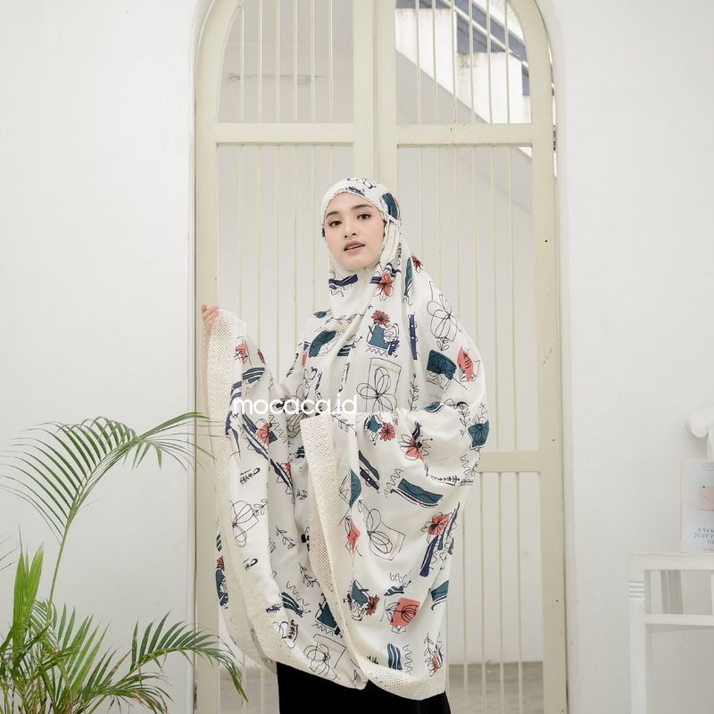 Mukena Dewasa Jumbo 2 in 1 Kayana Motif Bahan Rayon Premium Jatuh Adem Ponco Pouch Tas Sleting Cream