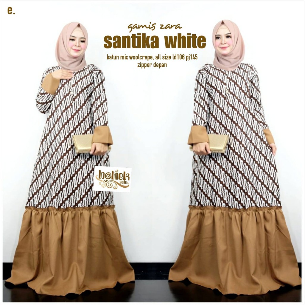 Gamis Zara Santika White Batik Muslim Long Maxi Seragam Pesta Casual Modern Baru Cantik Modern