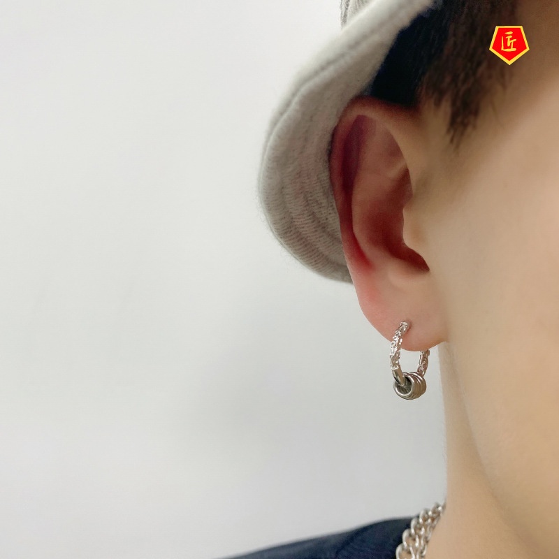 [Ready Stock]Silver Men's Black Gold Earrings New Fashion Hip Hop