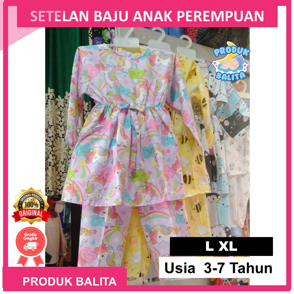 Setelan Baju Atasan Bawahan Anak Perempuan Usia 3-7 Tahun Lengan Panjang Celana Panjang Motif Lucu