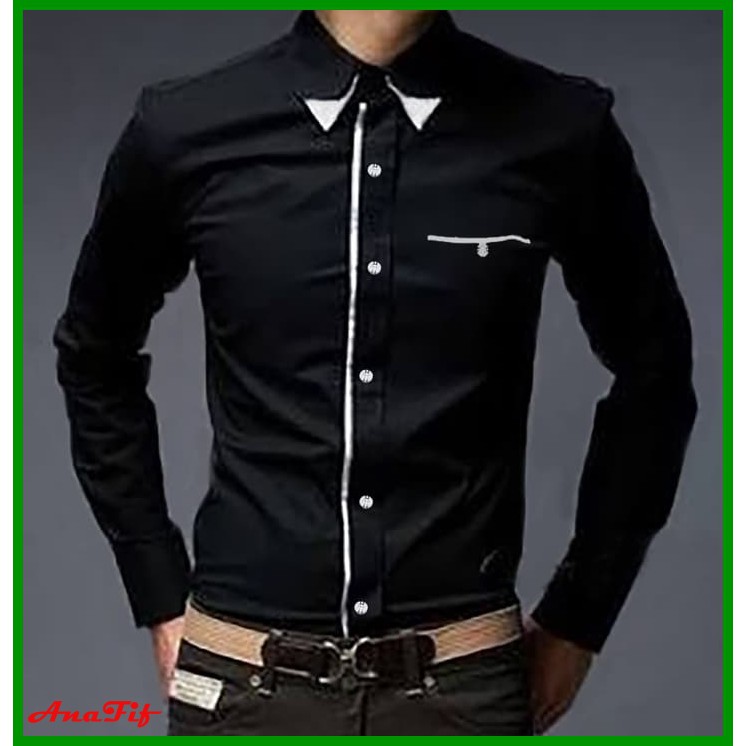 Kemeja Pria Baju Pria Lengan Panjang Slimfit Katun Kasual Casua Formal Polos Korea Hitam I Albern SC