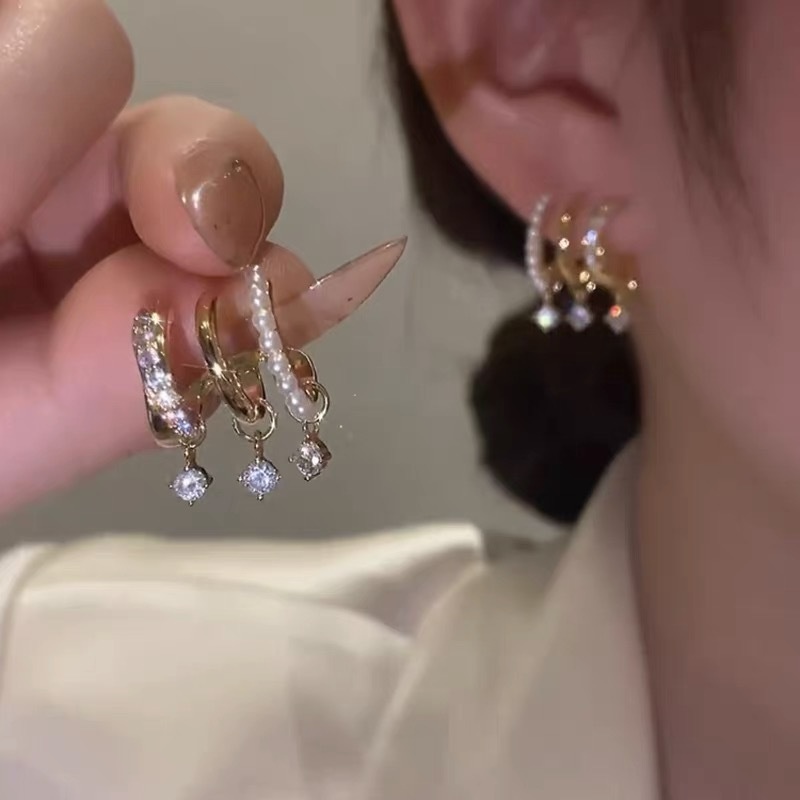 Anting Stud Zircon Mutiara Berlian Imitasi Multilayer Gaya Korea Untuk Wanita