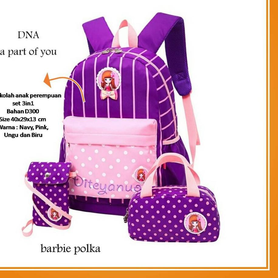 ☻ Tas sekolah Anak Wanita Cewek Perempuan Barbie Polkadot Set 3in1 ungu varian warna premium ---- O2