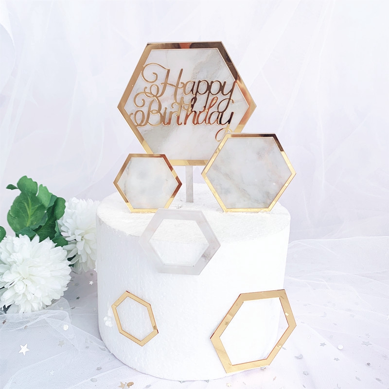 Topper Kue Bentuk Hexagonal Motif Marmer Bahan Akrilik Untuk Dekorasi Pesta Ulang Tahun