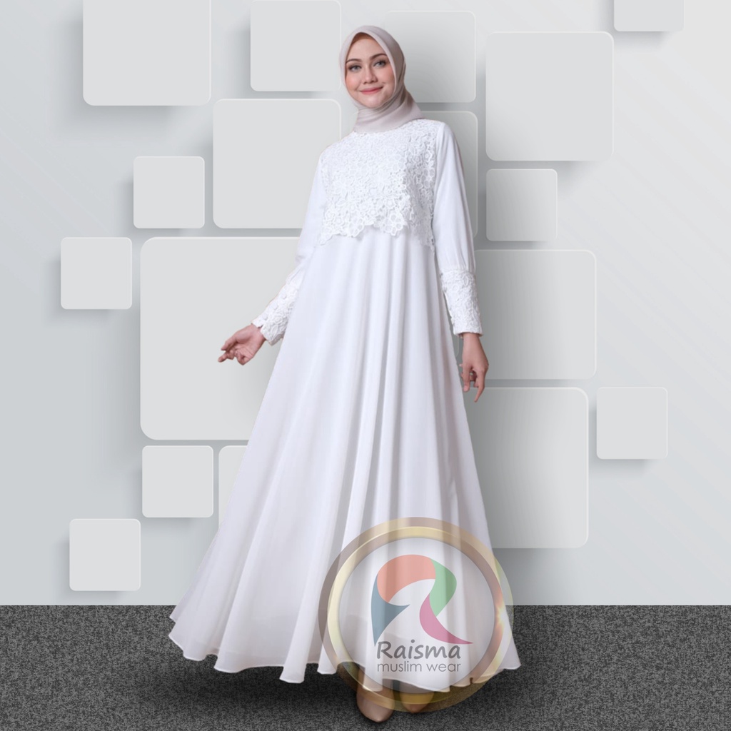 Raisma - Gamis Dress Putih Tulang Lebaran Cantik Dan Elegan Baju Gamis Putih Wanita Terbaru