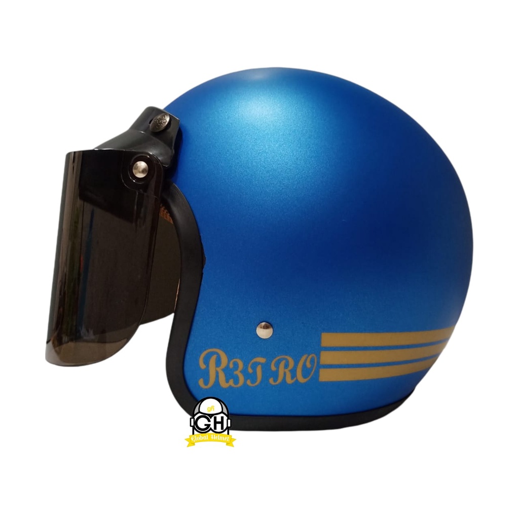 HELM BOGO CLASSIC SHIN BLUE DOFF GARIS RETRO MOTOR DEWASA SNI FREE KACA FLAT