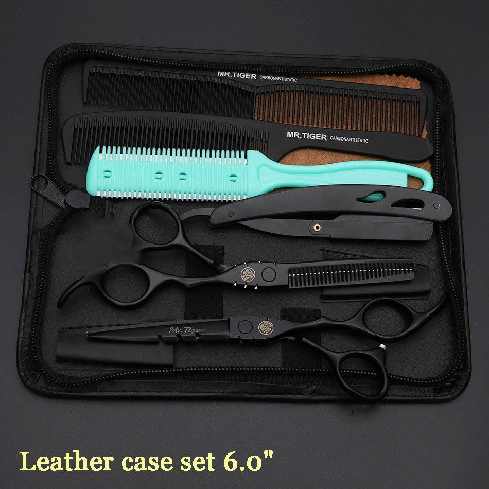 Bisa COD Set Gunting Rambut Professional Barber Hairdressing Scissors 6 Inch 2 PCS with Razor Comb + Hair Knife - MrTiger 440C