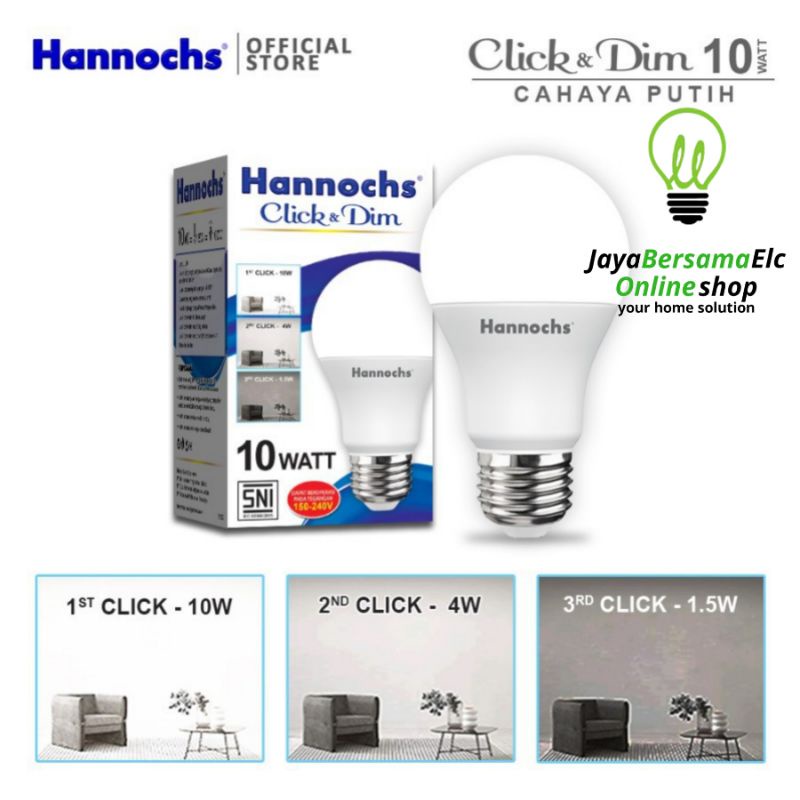 Hannochs Bohlam Lampu LED Click &amp; Dim 10 watt - 3 tingkat kecerahan - putih