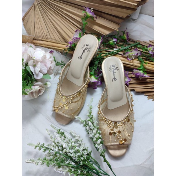 sepatu wedding reista gold 3cm kaca