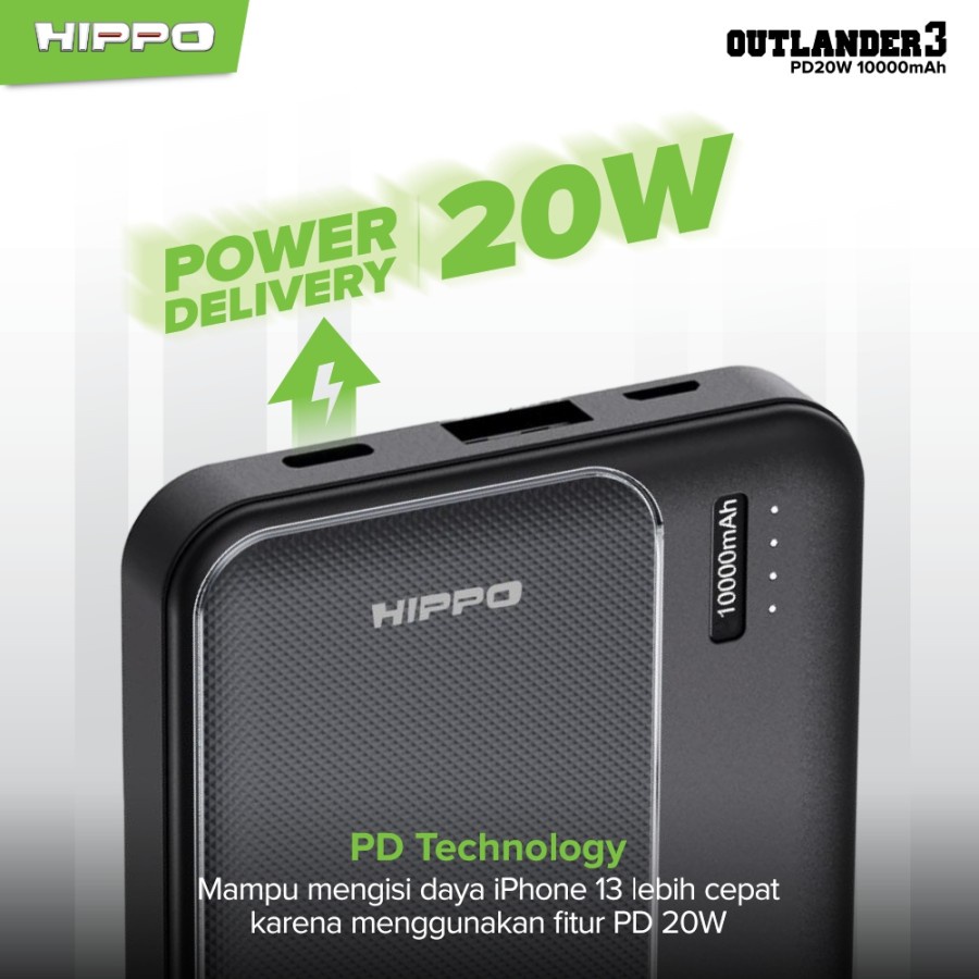 Hippo Powerbank Outlander 3 10000 mAh 20W 3A PD Fast Charging Qualcomm Quick Charge Power Bank Original Ori 10000mAh