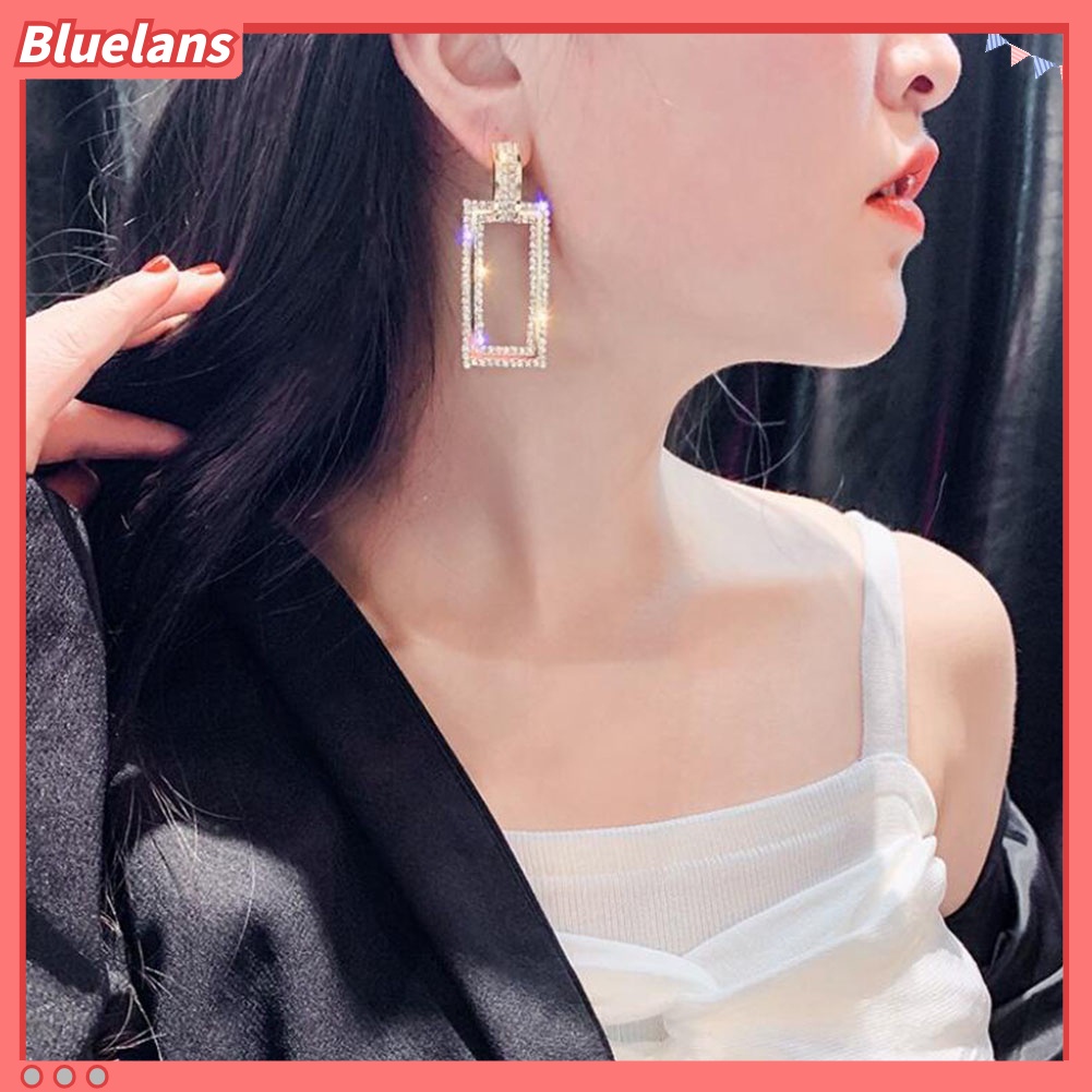 Bluelans Women Rhinestone Inlaid Hollow Rectangle Dangle Ear Stud Earrings Jewelry Gift