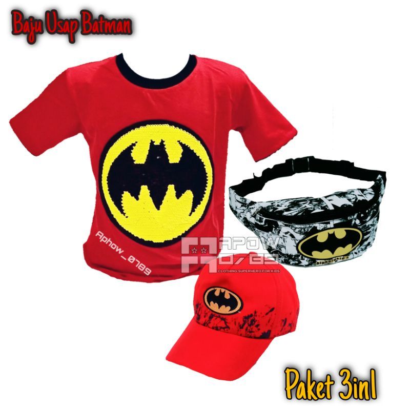 3IN1 KAOS ANAK USAP BATMAN FREE WAISTBAG BATMAN KELALAWAR DAN TOPI BATMAN