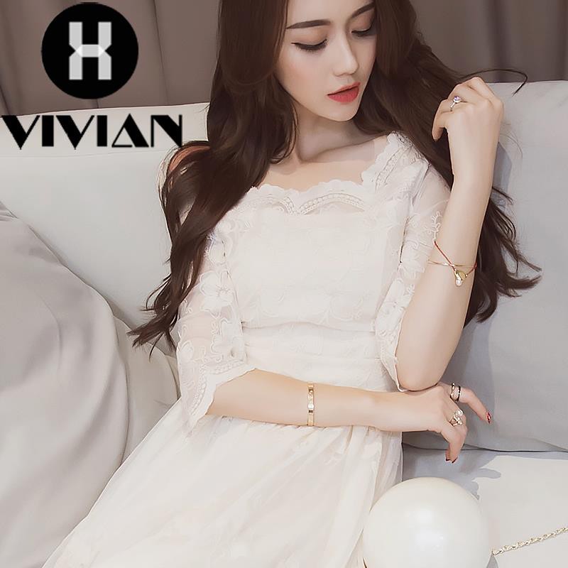 ?VIVIAN? Dress Midi Wanita Square Neck Lengan 3/4 High Waist Slim Rok Swing Bahan Lace Gaya Korea