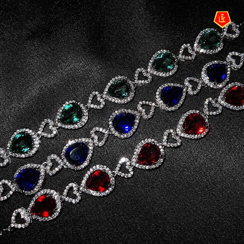 [Ready Stock]Luxury Micro-Inlaid Diamond Ocean Heart Necklace Sapphire Bracelet