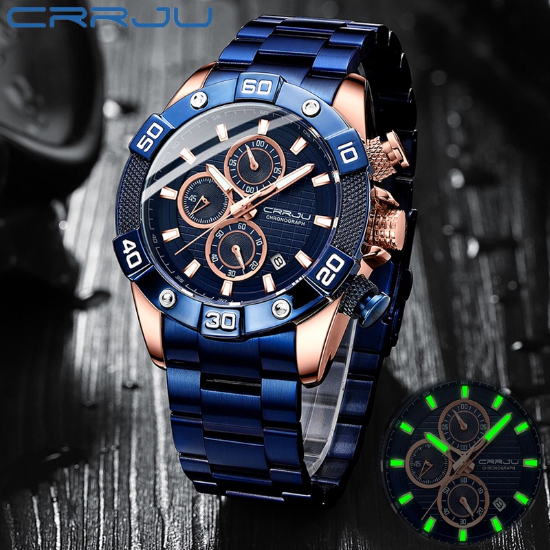 CRRJU Jam Tangan Pria Fashion Tahan Air Bercahaya Kuarsa Jam Tangan Stainless Steel Olahraga Chronograph Jam Multifungsi