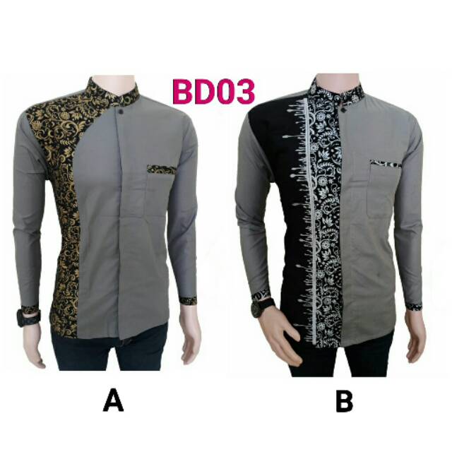 Baju koko lengan panjang batik kombinasi bd03 abu abu keren kekinian