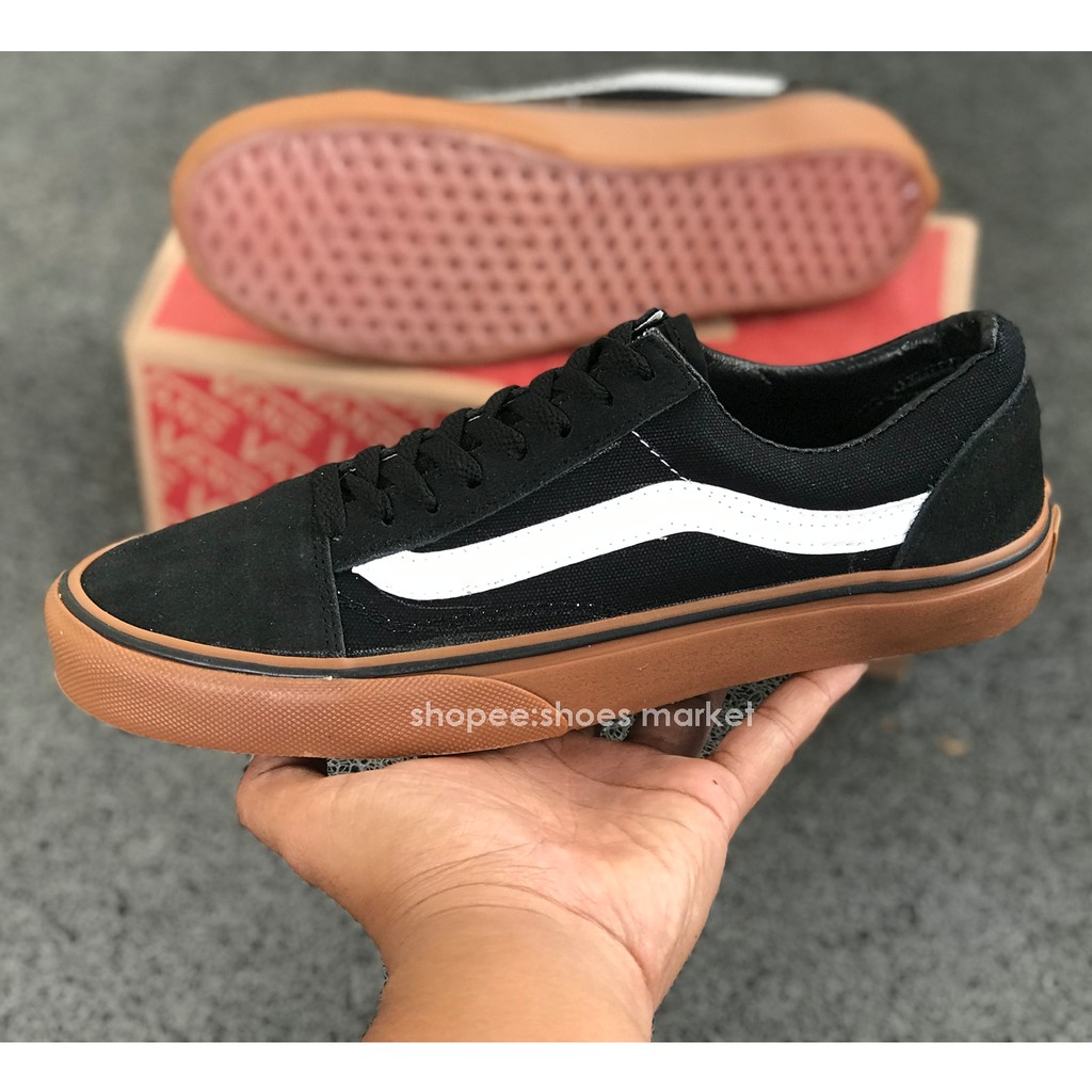 VANS OLDSKOOL BLACK GUM LIST HITAM PUTIH WAFFLE DT