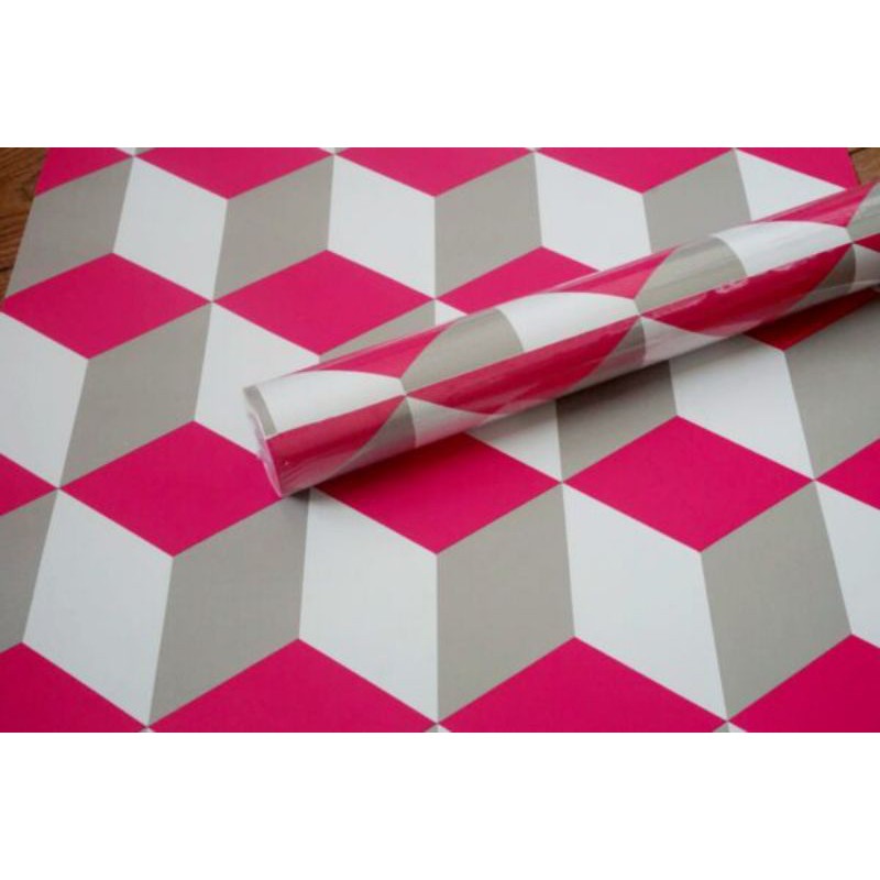 wallpaper sticker dinding motif kotak tridi warna pink