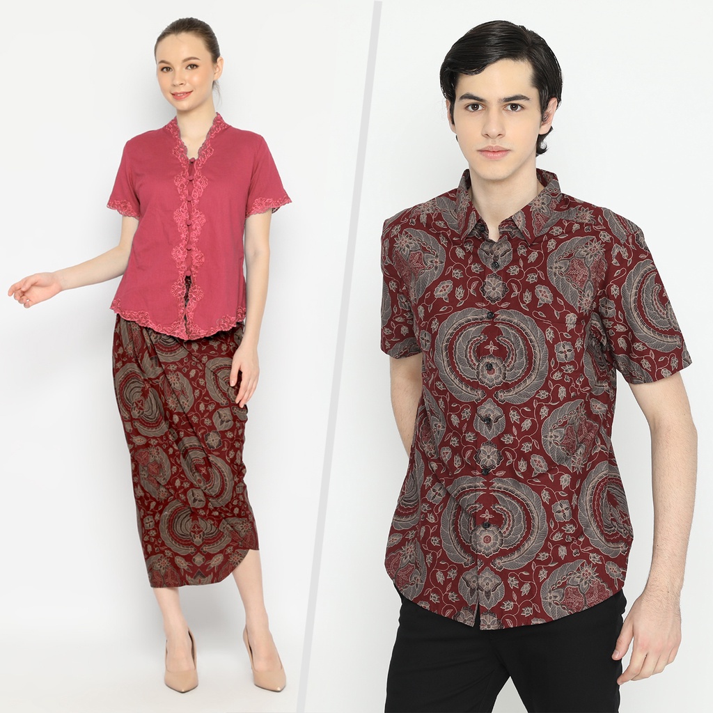 BATIK COUPLE MODERN Kemeja Rok Lilit Instan Batik Pria Lengan Pendek Premium Motif Babon Angrem Merah 721075 CAP 72