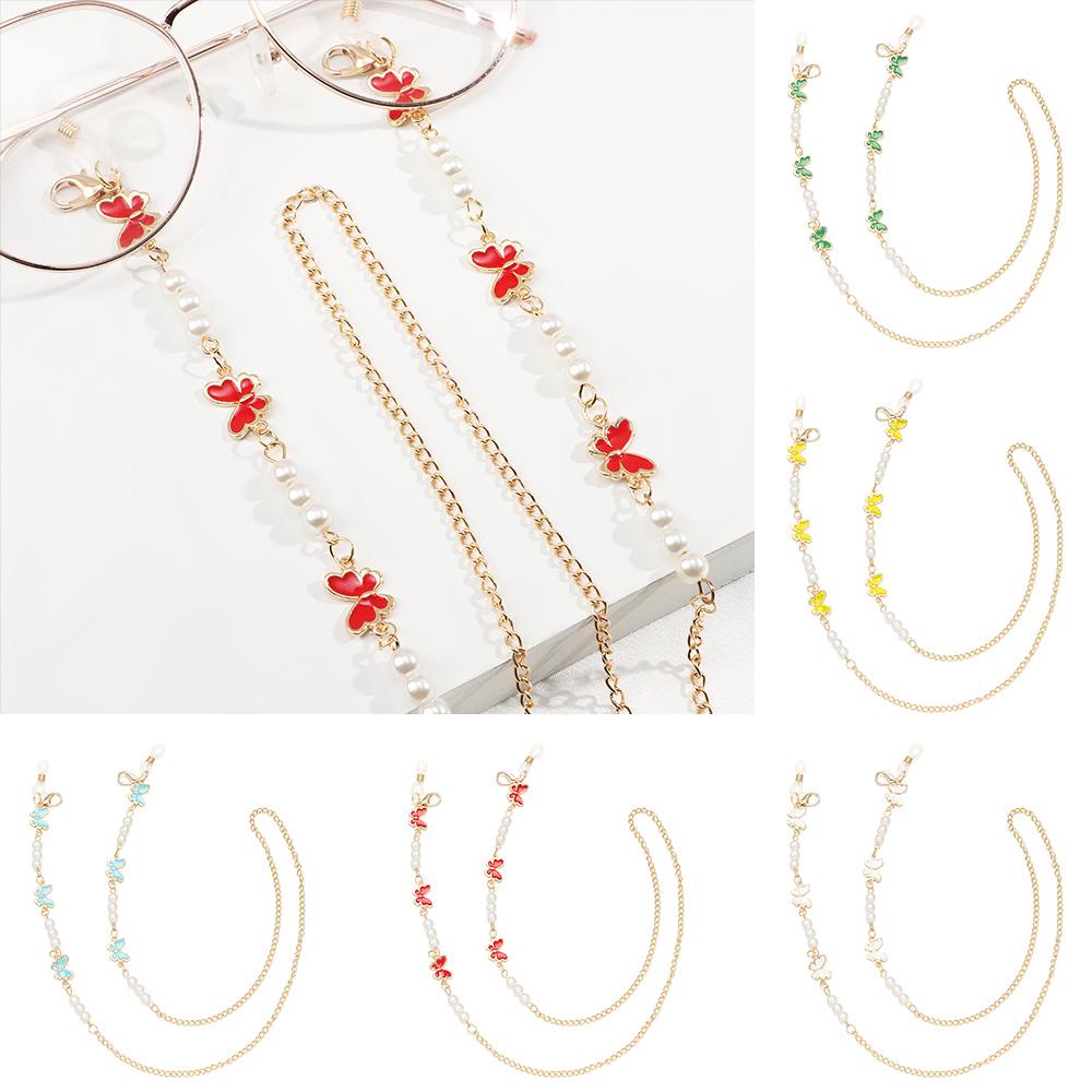 Lily Rantai Kacamata Wanita Pria Handmade Mutiara Kupu-Kupu Busur Logam Kristal Manik-Manik Rantai
