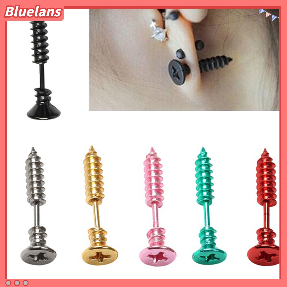 1 Pasang Anting Stud Bentuk Sekrup Bahan Stainless Steel Gaya Punk Gothic Untuk Unisex