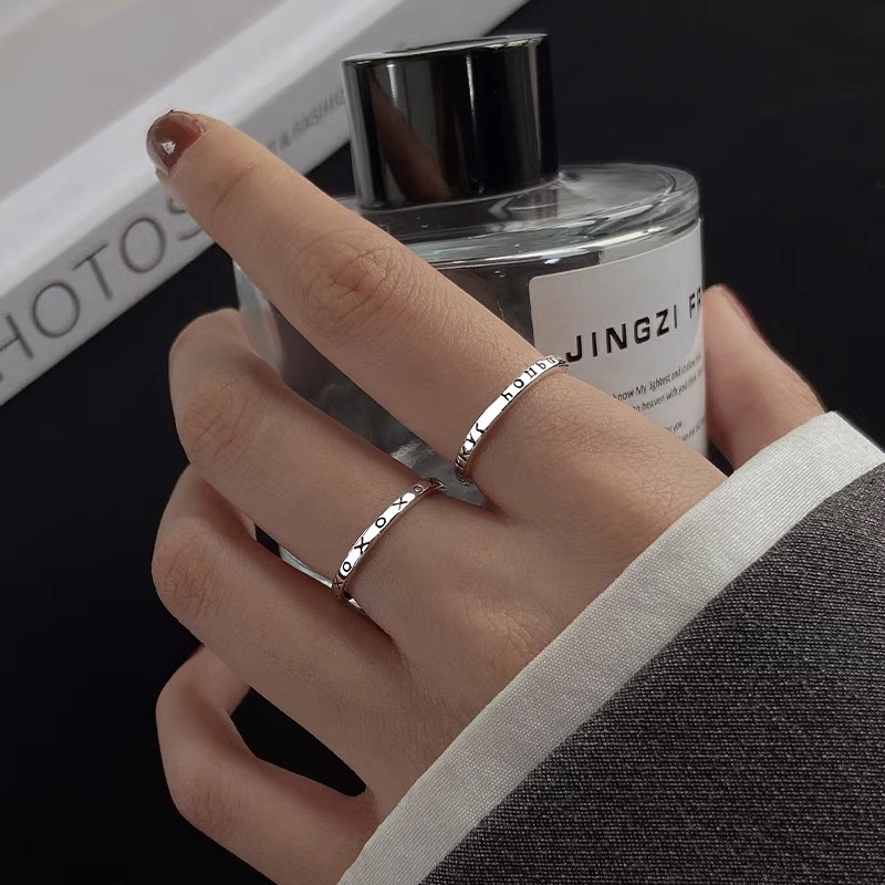 2pcs / Set Cincin Lapis Silver Motif Tulisan Untuk Wanita