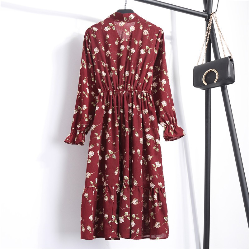 [CUCI GUDANG]Dress Maxi midi Gaun sifon cetak sederhana wanita Korea yang baru diimpor panjang modern korean style-2