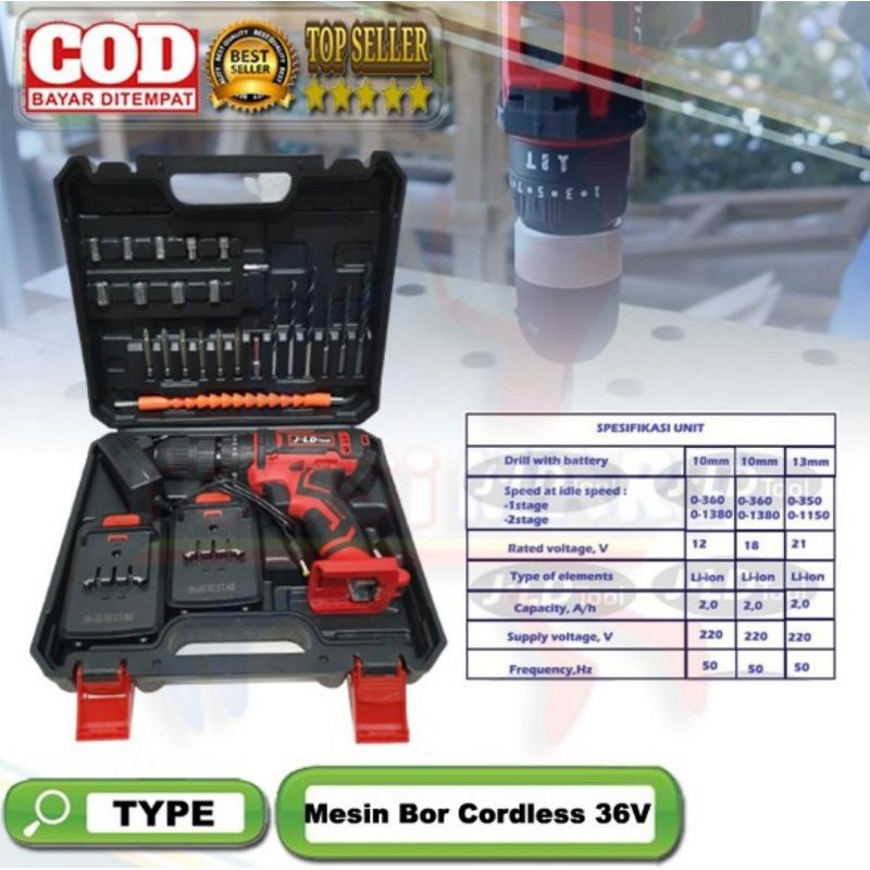 Mesin bor beton 13mm Cordless impact drill JLD 48V bor batrei Tembok kayu besi