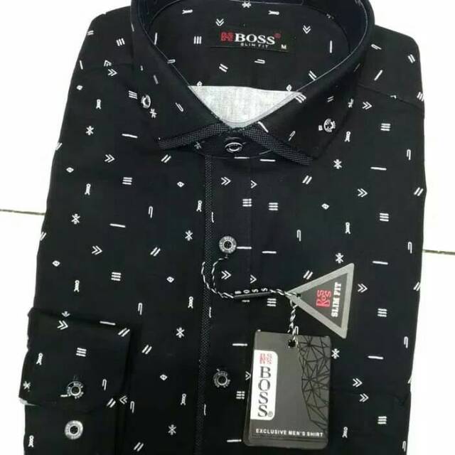 Kemeja Boss slim fit panjang Motif Kecil kecil