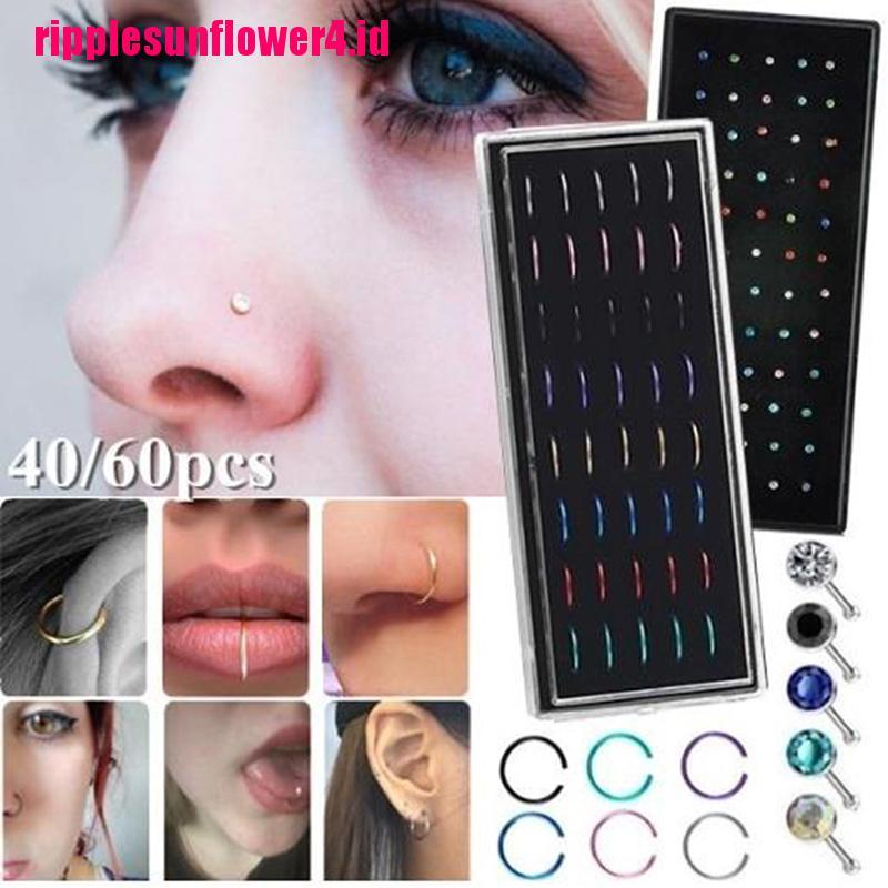 40 / 60pcs Anting Tindik Hidung / Tubuh Bahan Baja Warna Silver