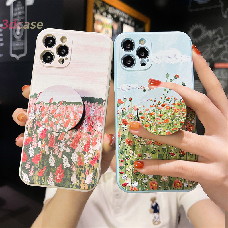 Casing VIVO Y53 Y72 Y30 Y31 Y91C Y91 Y20 Y12S Y17 Y93 Y50 Y20S Y51A Y30i Y12i Y15 Y95 Y11 Y20i Y90 Y91i U10 Y70 Y1S Z3 A5 A7 A5S A52 A9 A5 2020 Reno 4 Lite 4 F A93 A94 VIVO Y12 Y51 Y72 Y53 Blue Sky Lavender Garden Painting Silicone Case With Stand