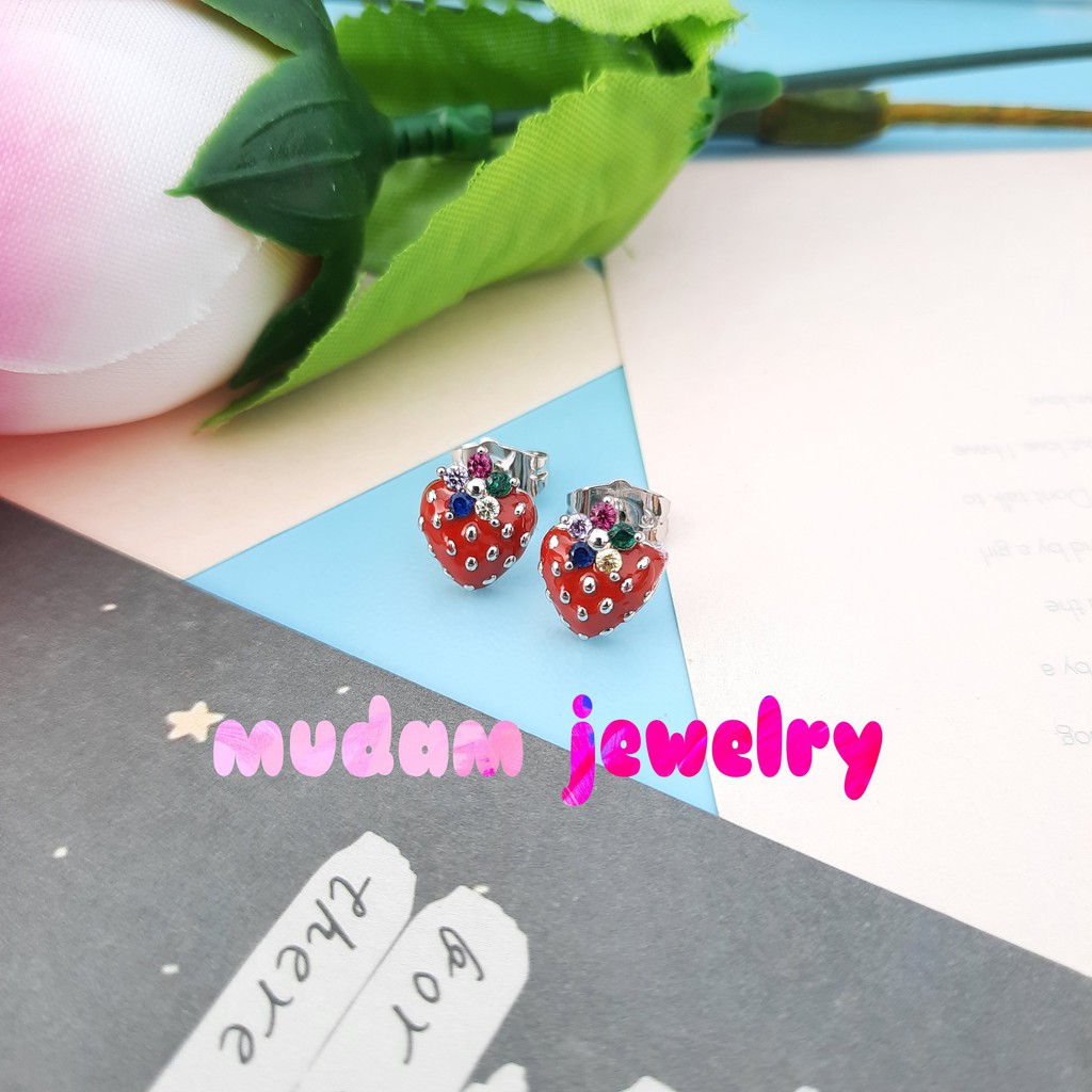 Anting Tusuk Untuk Anak-Anak Atau Dewasa Bentuk Strawberry Dengan Kristal Artifisial