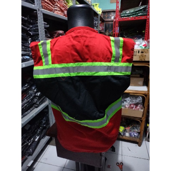 ROMPI SAFETY PREMIUM BAHAN KAIN DRILL MERAH HITAM BERLOGO