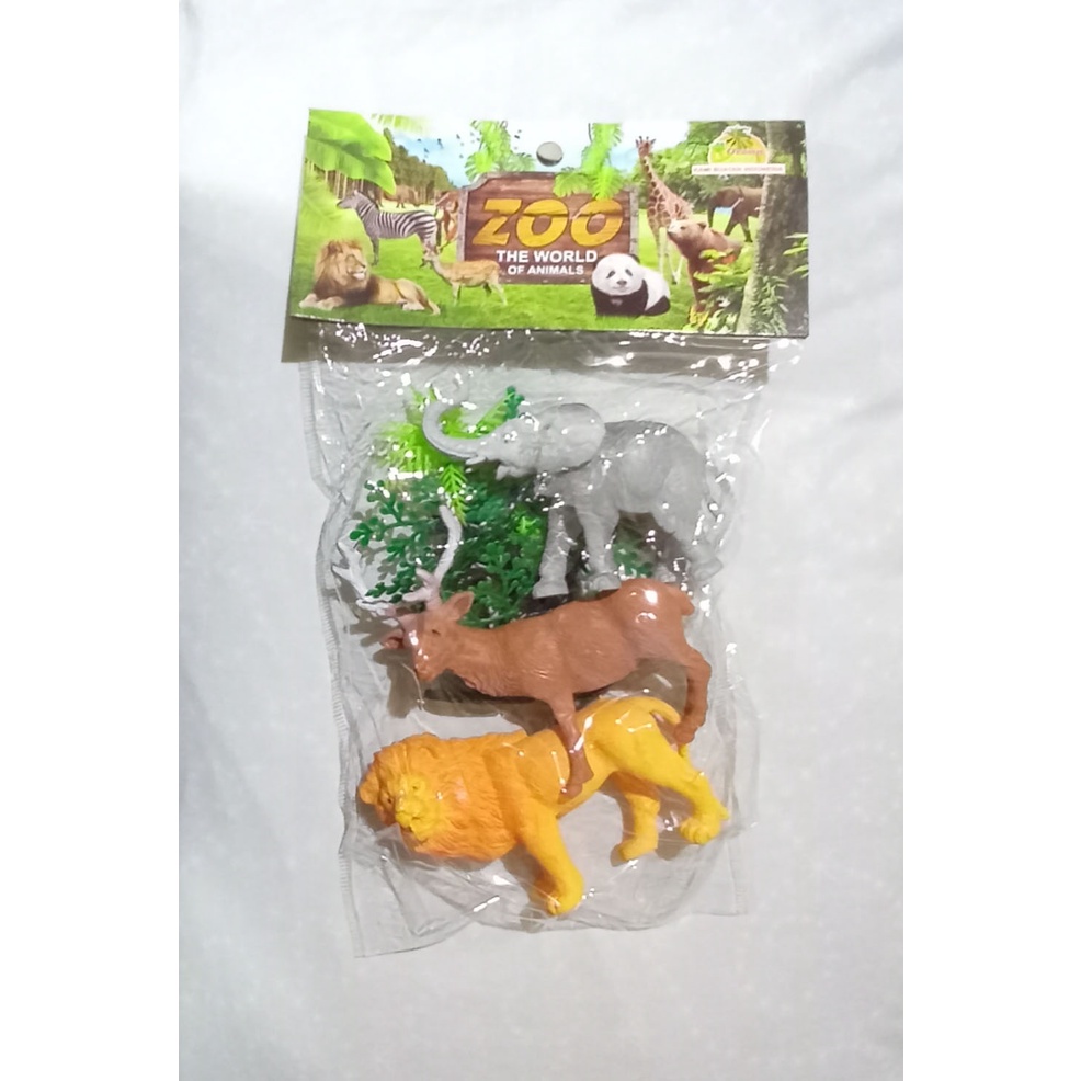 Mainan Figur Binatang Boneka Karet 3pc dengan aksesoris Pohon-pohonan
