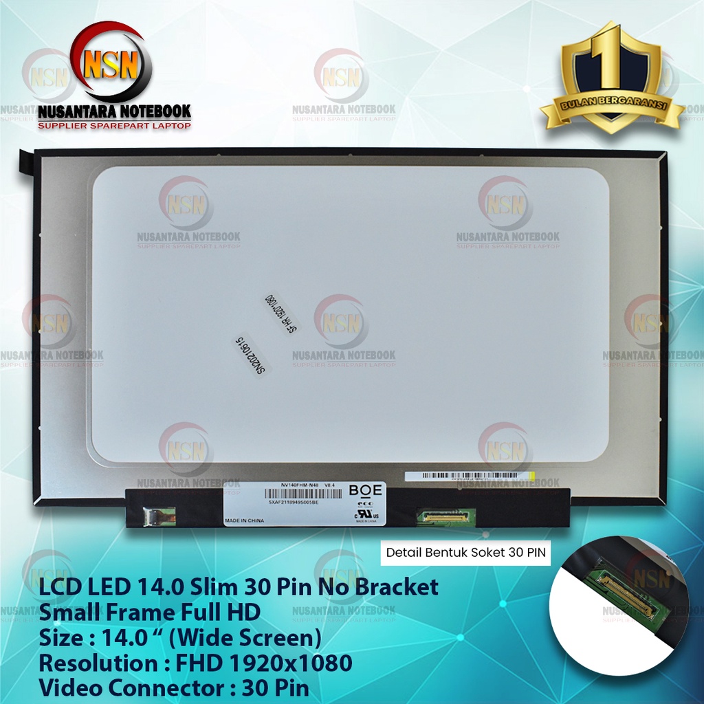 LED LCD Layar 14.0 Slim 30 PIN / No Bracket / Small Frame / FULL HD