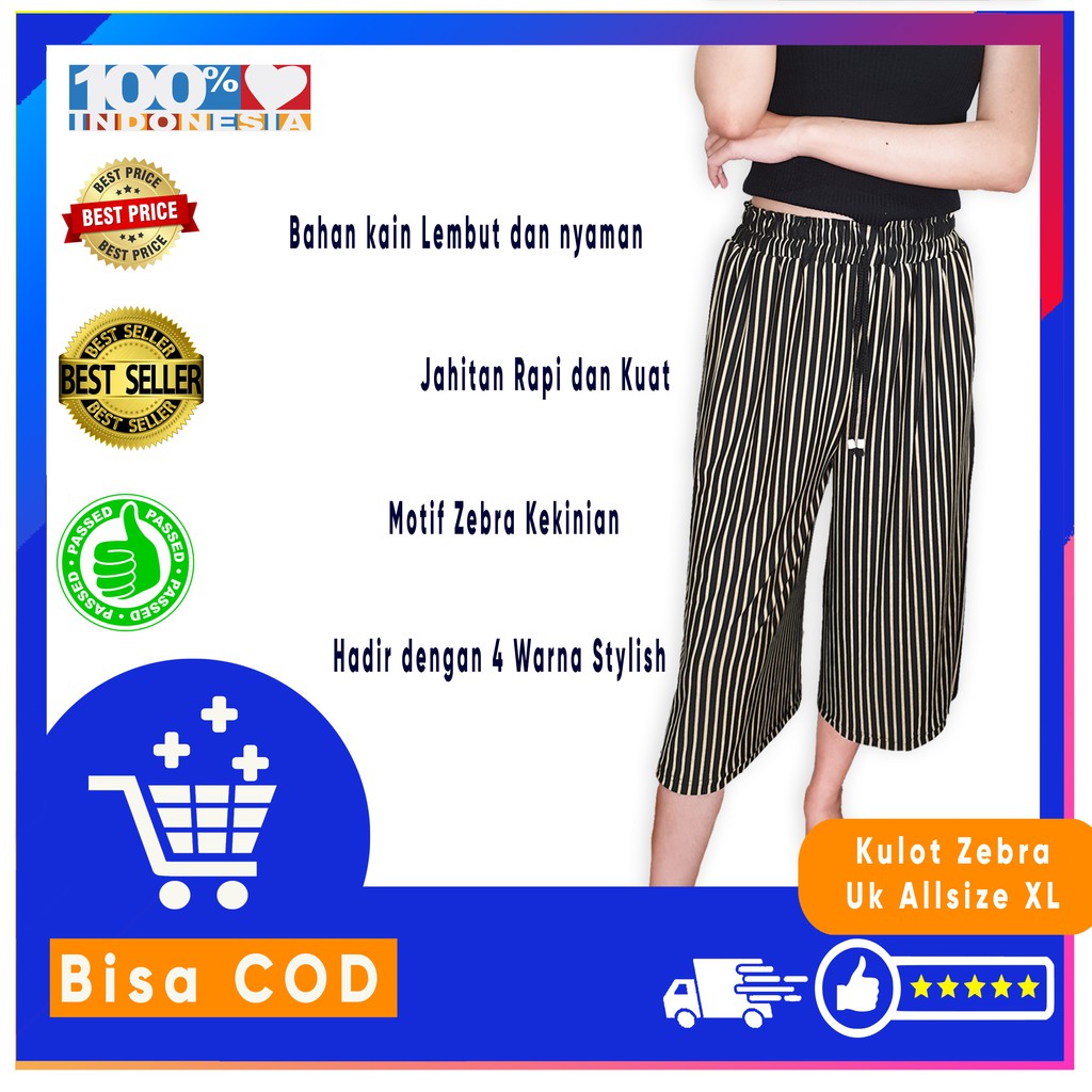 IMS Celana Wanita Kulot Panjang Motif Stripes Garis Salur Fit to XL Hitam