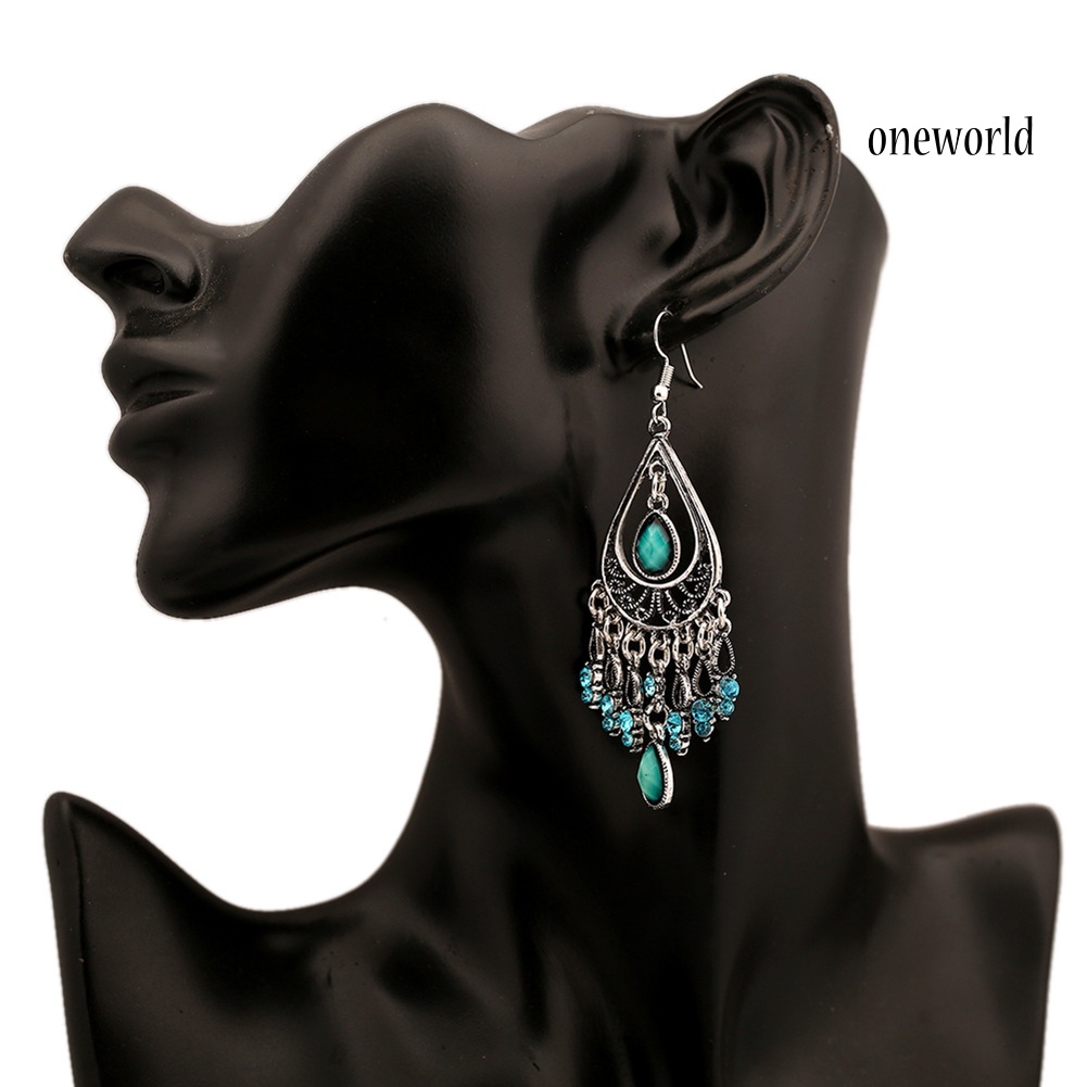 OW@ Boho Women Hollow Carved Faux Gemstone Tassel Drop Dangle Hook Earring Jewelry