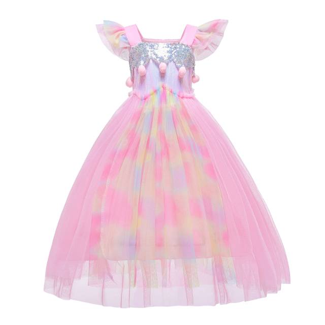 GAUN PANJANG PRINCESS RAINBOW PINK / DRESS PESTA ANAK GLITTER UNICORN IMPORT KOREA