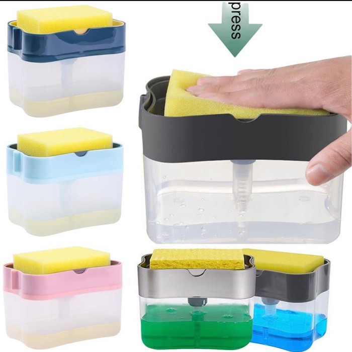 Dispenser Sabun TEKAN Tempat Sabun Cair Cuci Piring praktis tinggal tekan free Sponge - Soap Pump Holder Spons 2 in 1