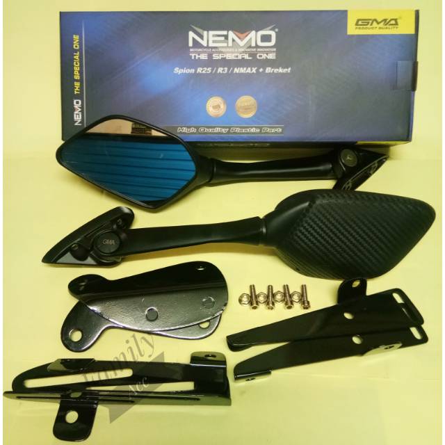 Spion R25 Nemo Panjang Motif Carbon + Breket Serpo Motor Nmax