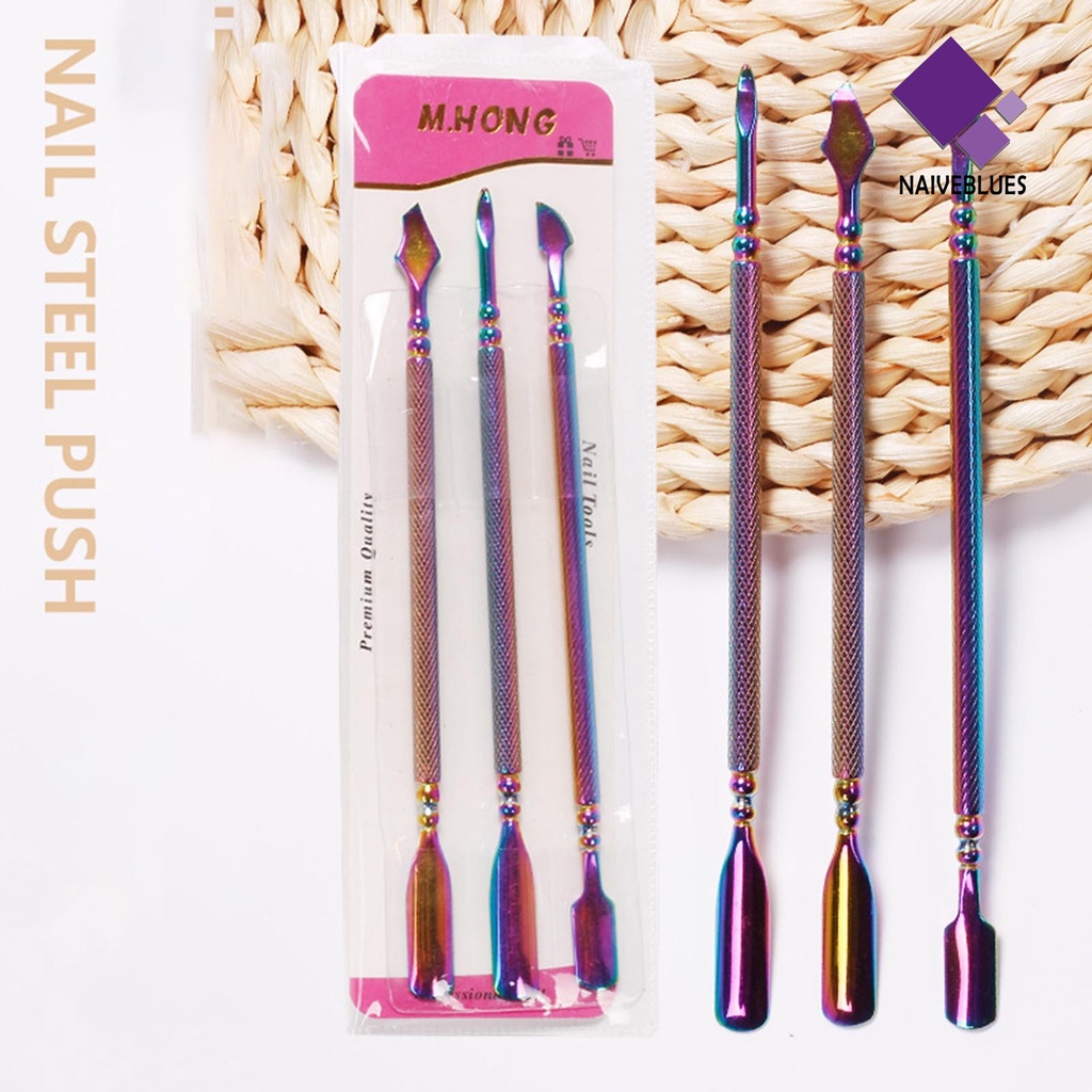 3pcs / Set Alat Pengupas Kuku Dua Sisi Bahan Stainless Steel Tahan Karat Untuk Manicure