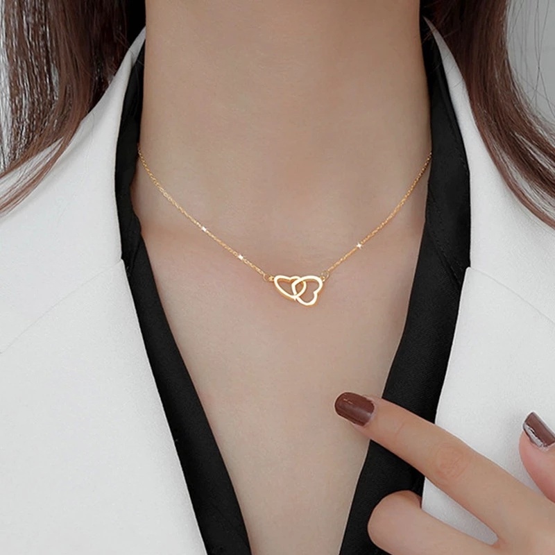 Kalung Choker Liontin Hati Ganda Gaya Minimalis Untuk Wanita