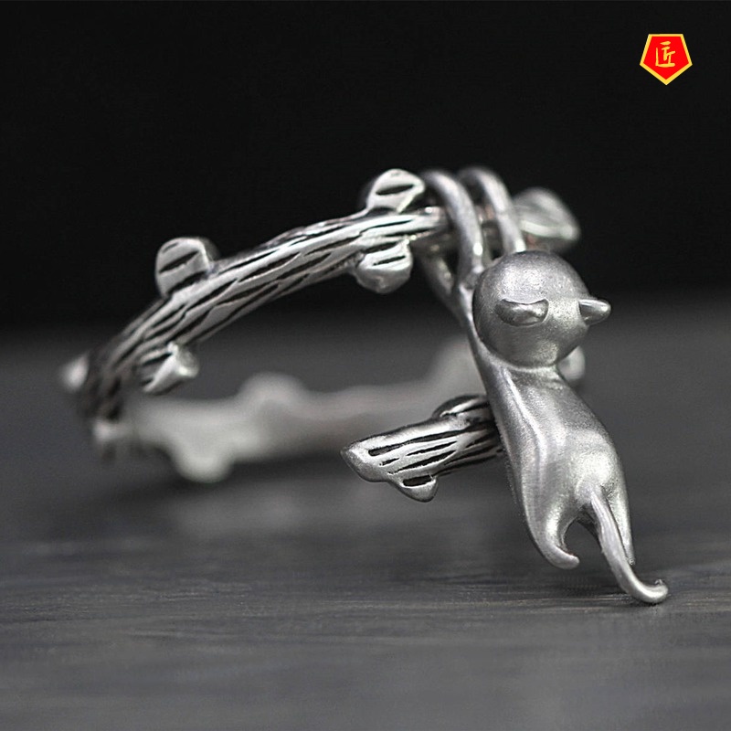 [Ready Stock]925 Silver Creative Kitten Twigs Ring Cute Personality