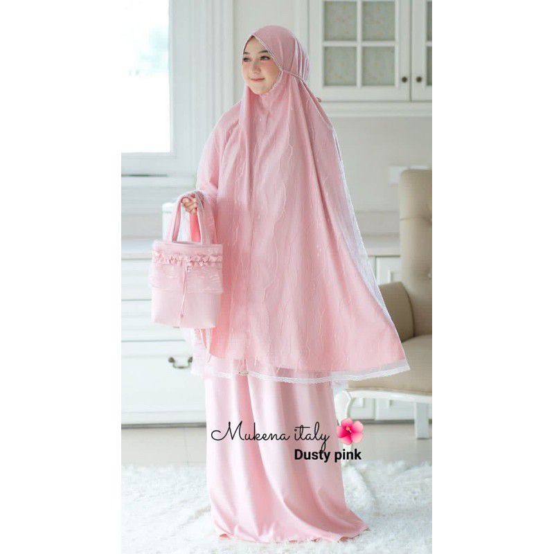 Ready Mukena mewah  italy Delanova original dusty pink
